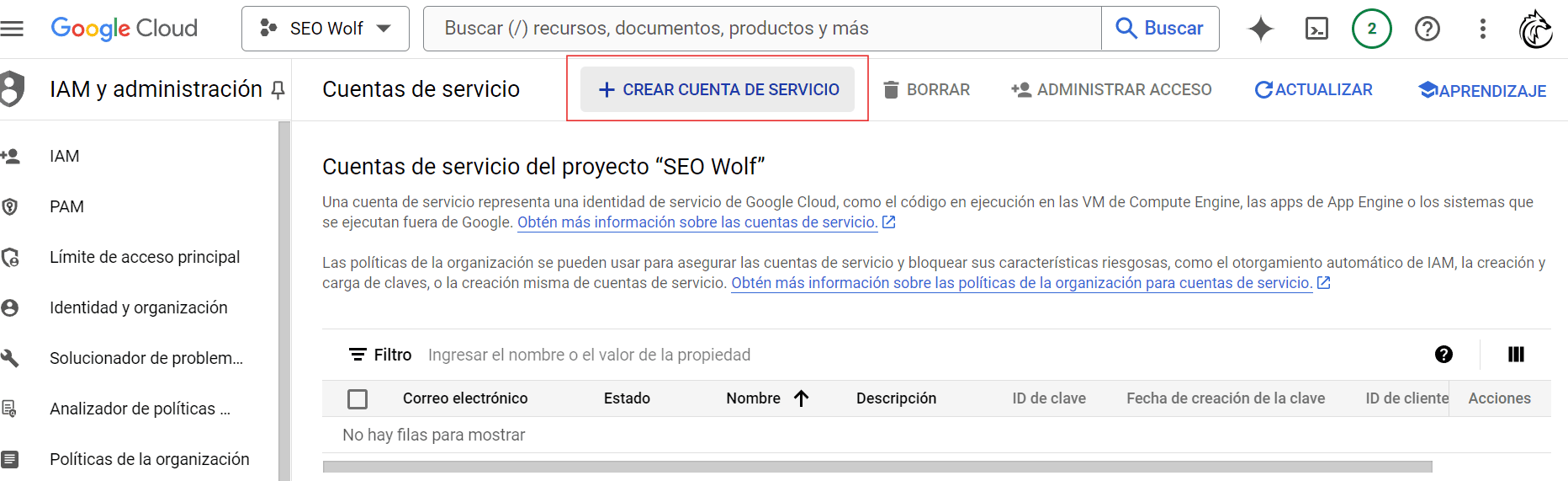 Creación Cuenta De Servicio Para Autoindexar Con Google